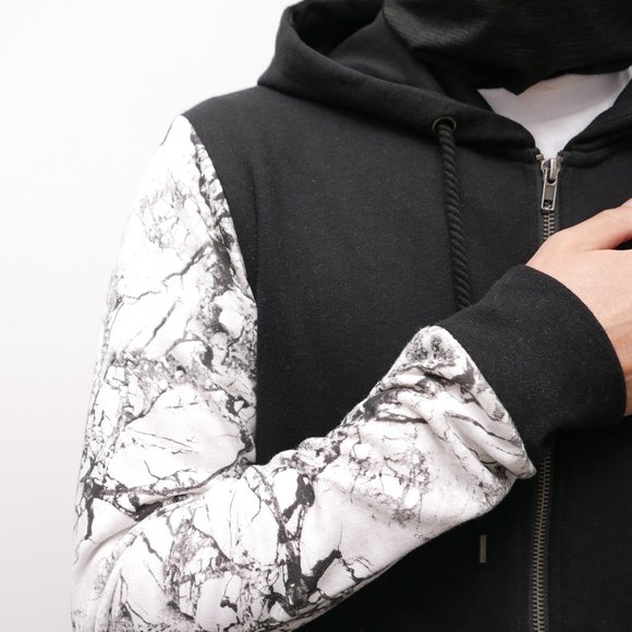 Black Zip Up Hoodie with White Marble Texture Graphic Sleeves - Size S - Picture 2 of 3